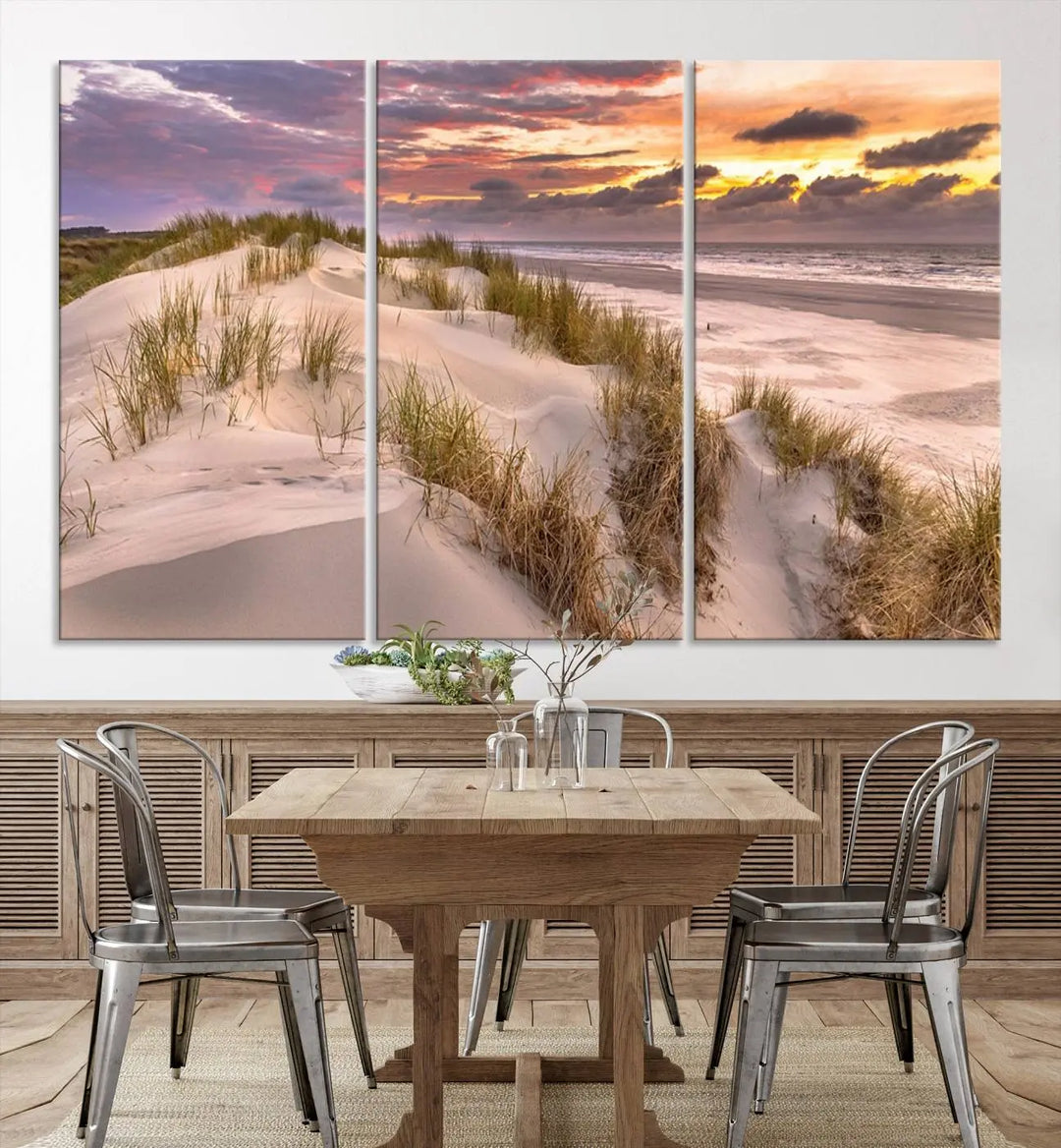 The exquisite "Sunrise On The Beach Wall Art Canvas Print," beautifully rendered on museum-quality canvas, adorns the space. This stunning piece by a professional craftsman is available with free shipping.