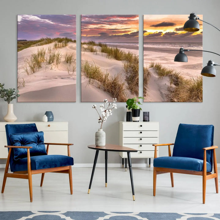 The exquisite "Sunrise On The Beach Wall Art Canvas Print," beautifully rendered on museum-quality canvas, adorns the space. This stunning piece by a professional craftsman is available with free shipping.