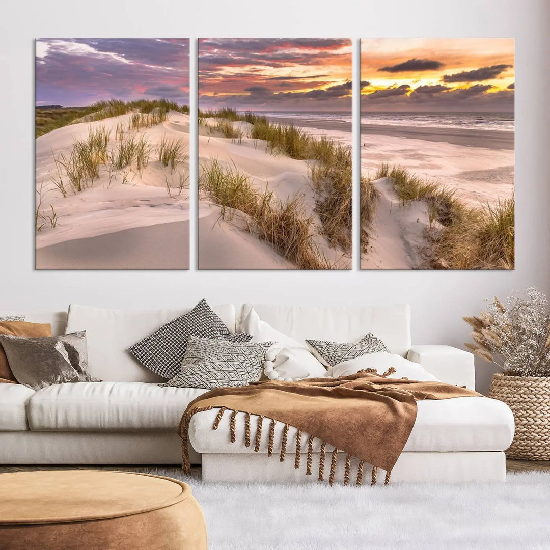 The exquisite "Sunrise On The Beach Wall Art Canvas Print," beautifully rendered on museum-quality canvas, adorns the space. This stunning piece by a professional craftsman is available with free shipping.