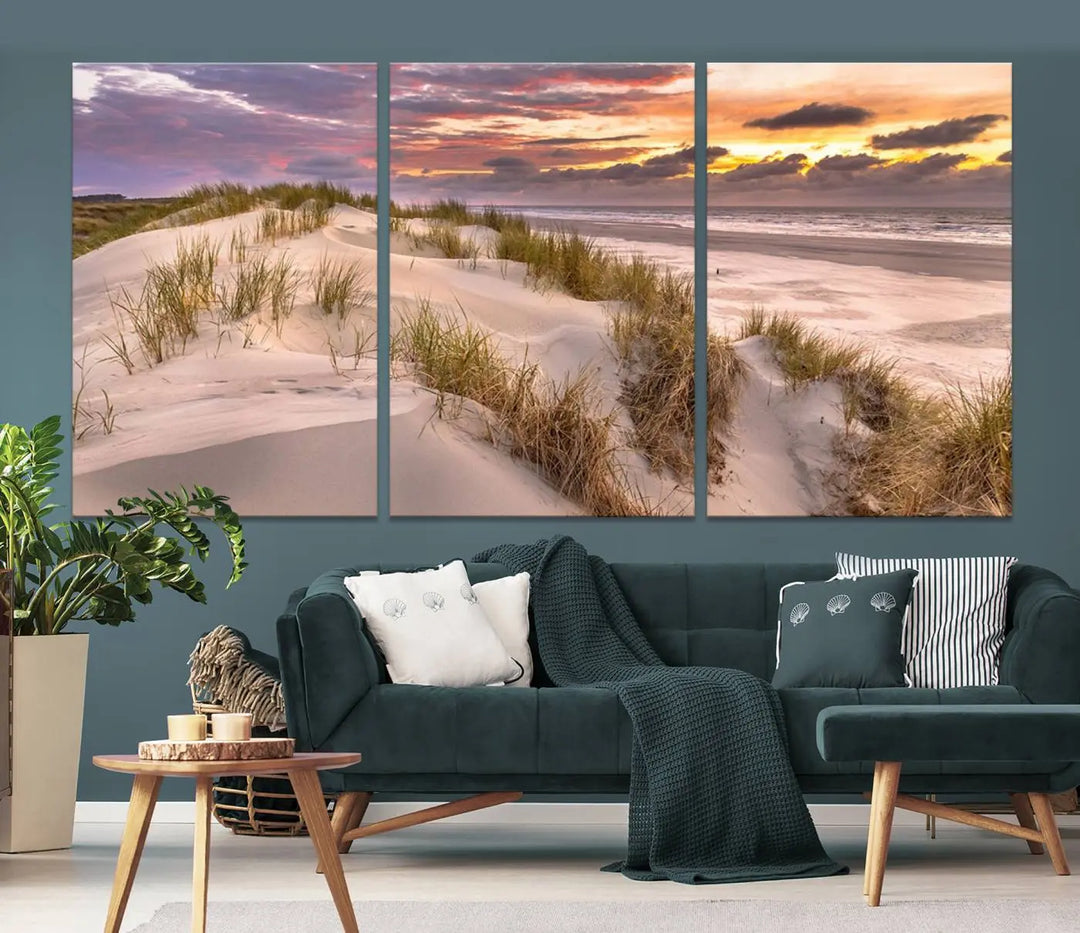 The exquisite "Sunrise On The Beach Wall Art Canvas Print," beautifully rendered on museum-quality canvas, adorns the space. This stunning piece by a professional craftsman is available with free shipping.