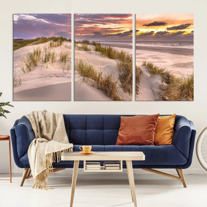 The exquisite "Sunrise On The Beach Wall Art Canvas Print," beautifully rendered on museum-quality canvas, adorns the space. This stunning piece by a professional craftsman is available with free shipping.