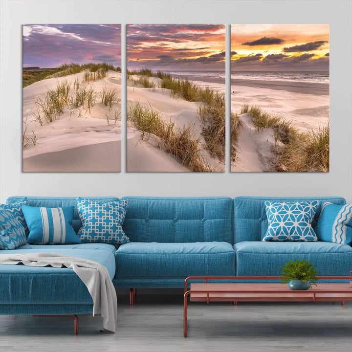 The exquisite "Sunrise On The Beach Wall Art Canvas Print," beautifully rendered on museum-quality canvas, adorns the space. This stunning piece by a professional craftsman is available with free shipping.