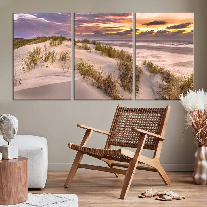 The exquisite "Sunrise On The Beach Wall Art Canvas Print," beautifully rendered on museum-quality canvas, adorns the space. This stunning piece by a professional craftsman is available with free shipping.