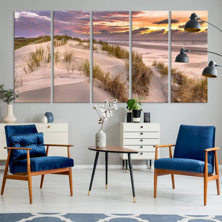 The exquisite "Sunrise On The Beach Wall Art Canvas Print," beautifully rendered on museum-quality canvas, adorns the space. This stunning piece by a professional craftsman is available with free shipping.