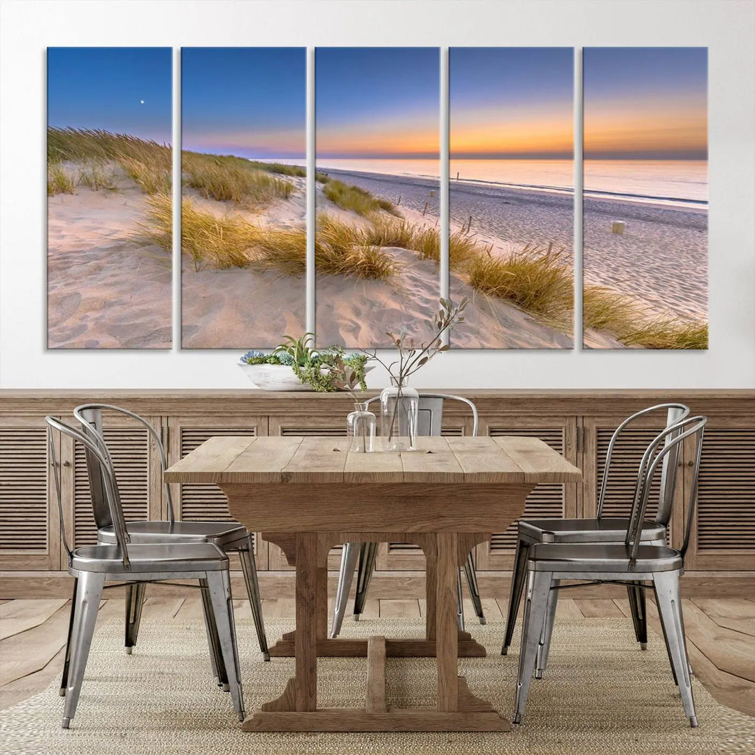 A modern living room showcases the "Sunrise On The Beach Wall Art Canvas Print" as a triptych above white cabinets. These ready-to-hang pieces are crafted on museum-quality canvas with a UV-protective coating, ensuring lasting vibrancy and elegance.