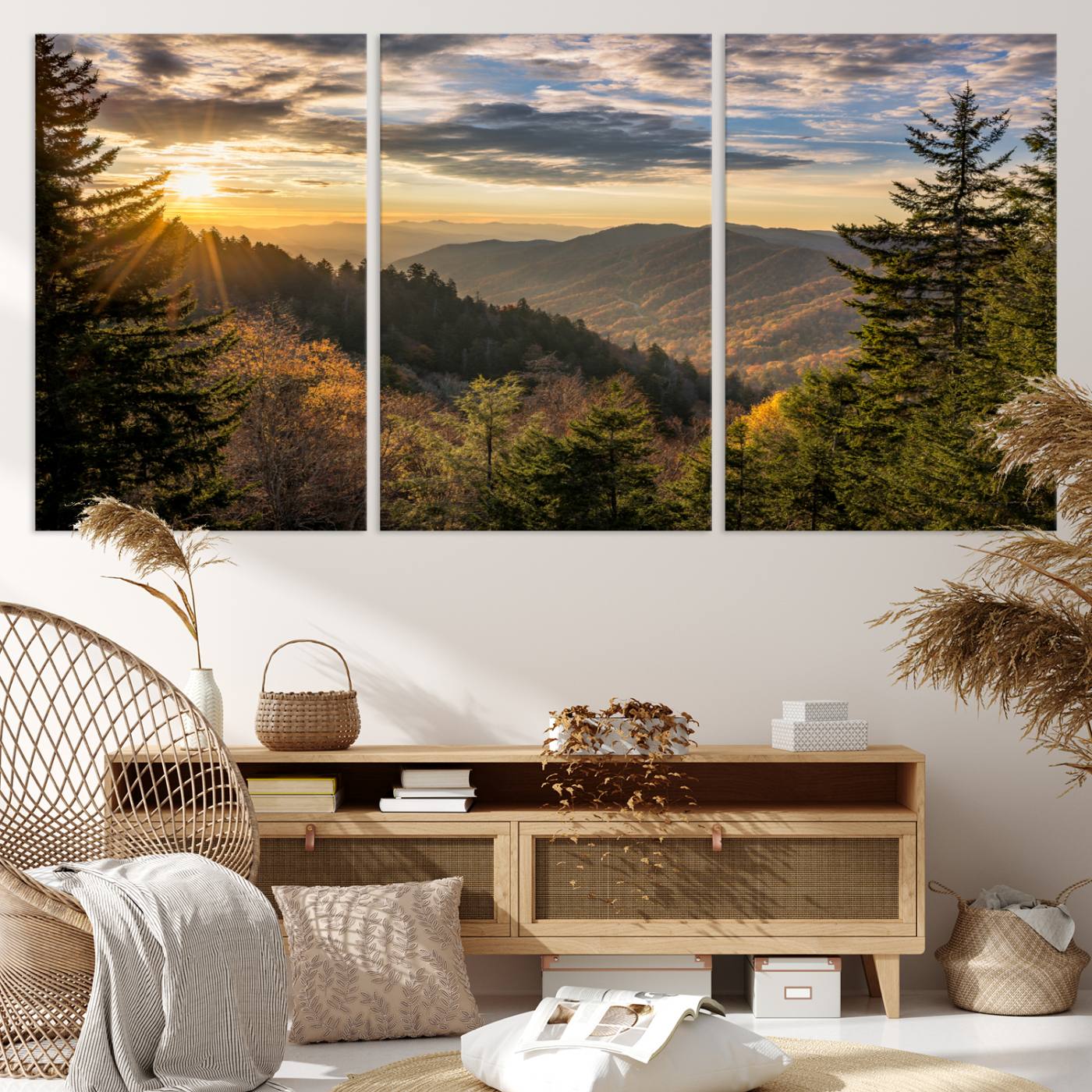 73692479-MGV-CV-36X24-Sunrise Over the Smoky Mountains Canvas Wall Art – Breathtaking Scenic Landscape Photography in a Stunning Triptych - Ready to Hang