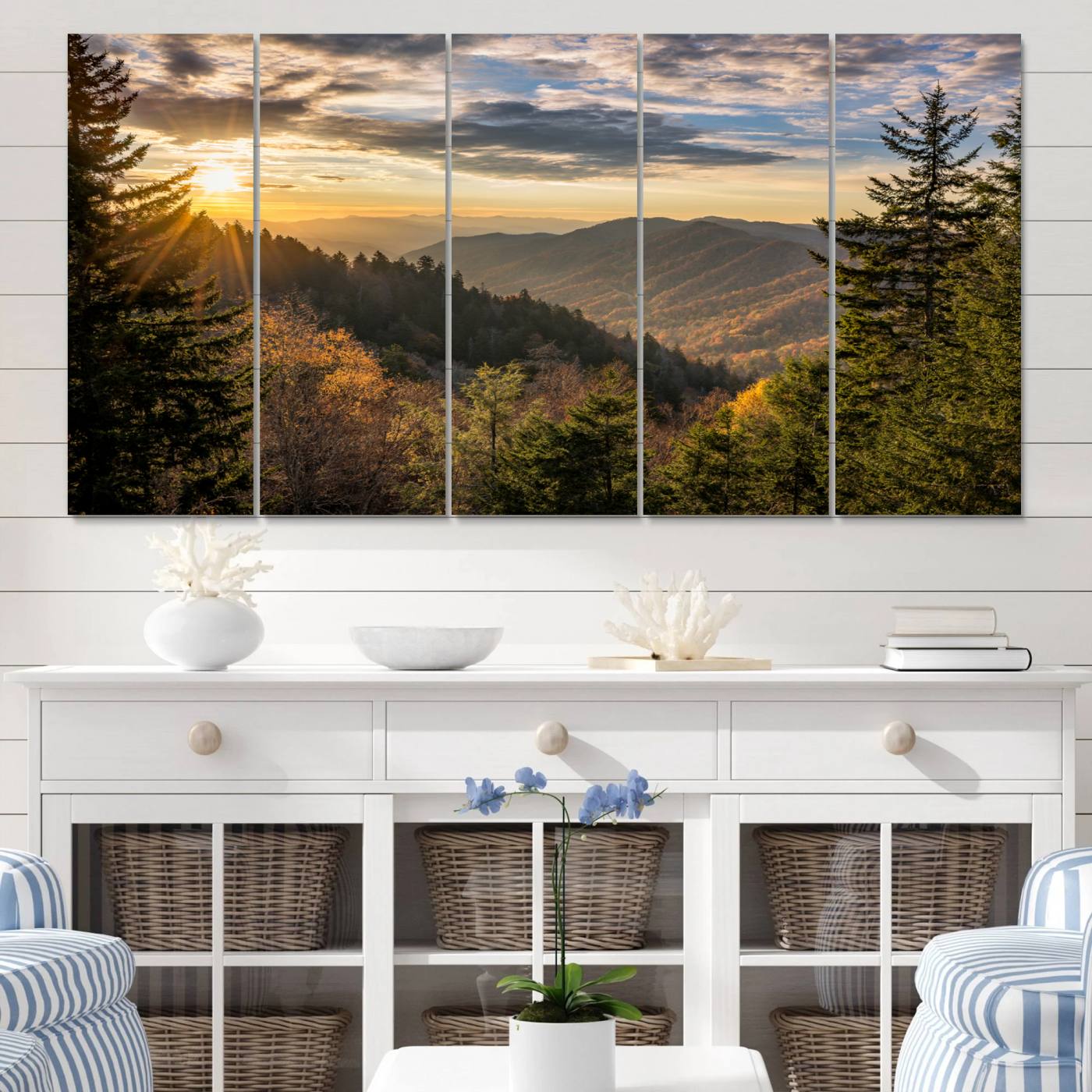 73692479-MGV-CV-60X31-5P-Sunrise Over the Smoky Mountains Canvas Wall Art – Breathtaking Scenic Landscape Photography in a Stunning Triptych - Ready to Hang