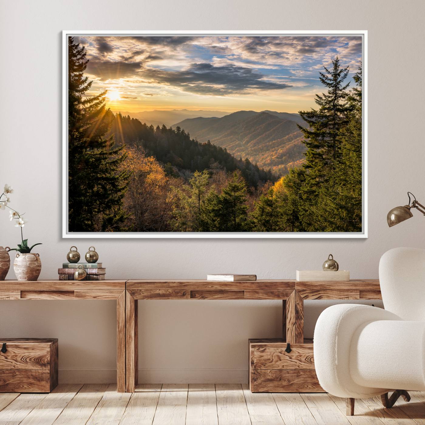 73692479-MGV-FC-36X24_White-Sunrise Over the Smoky Mountains Canvas Wall Art – Breathtaking Scenic Landscape Photography in a Stunning Triptych - Ready to Hang