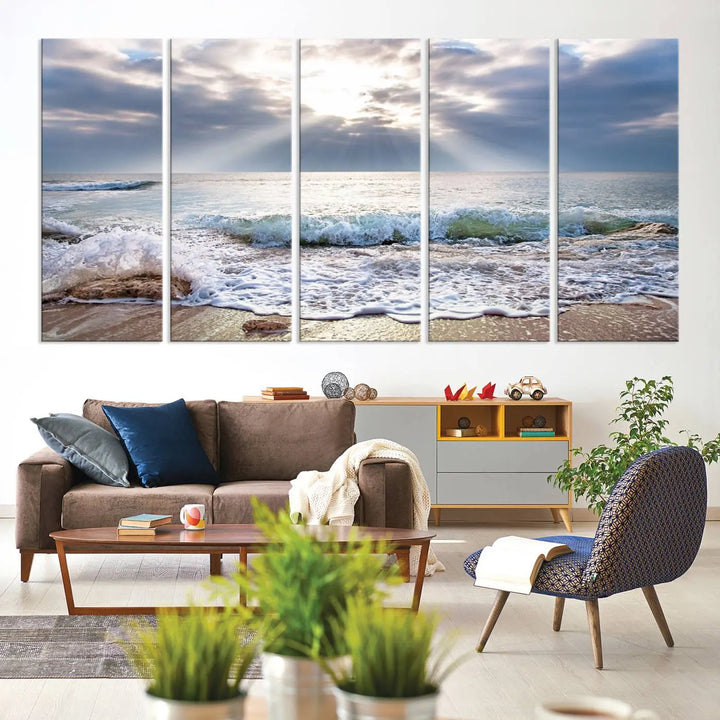 Sunset At The Beach Wall Art Canvas Print, showcasing a triptych of a tranquil ocean view with waves and sun rays, is printed on museum-quality canvas with UV-protective coating. Enjoy this artistic elegance with free shipping.