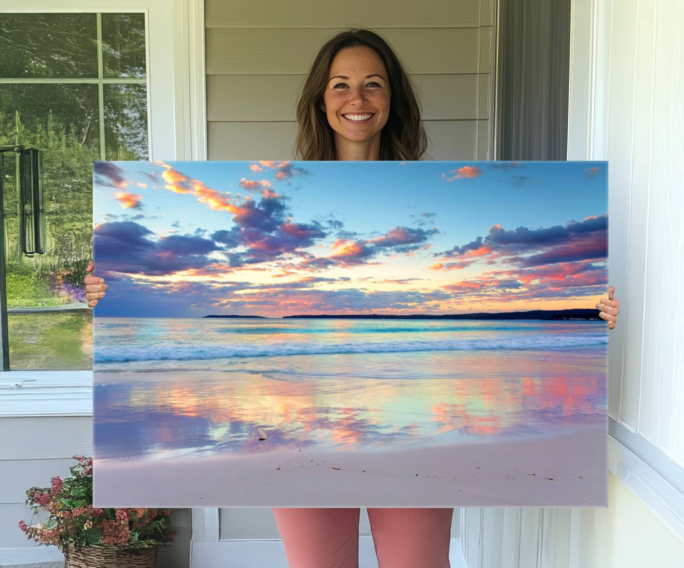 64882-MGV-CV-36X24-Sunset Beach Canvas Wall Art – Colorful Ocean Waves Canvas – Coastal Decor for Living Room or