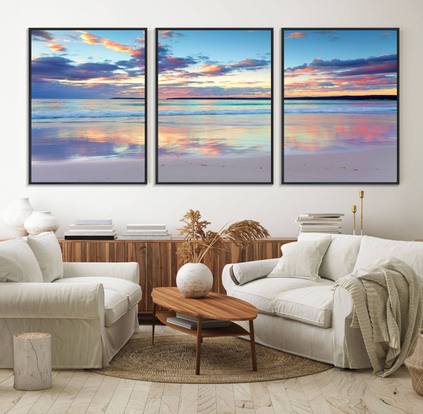 64882-MGV-FC-60X30-3P_Black-Sunset Beach Canvas Wall Art – Colorful Ocean Waves Canvas – Coastal Decor for Living Room or