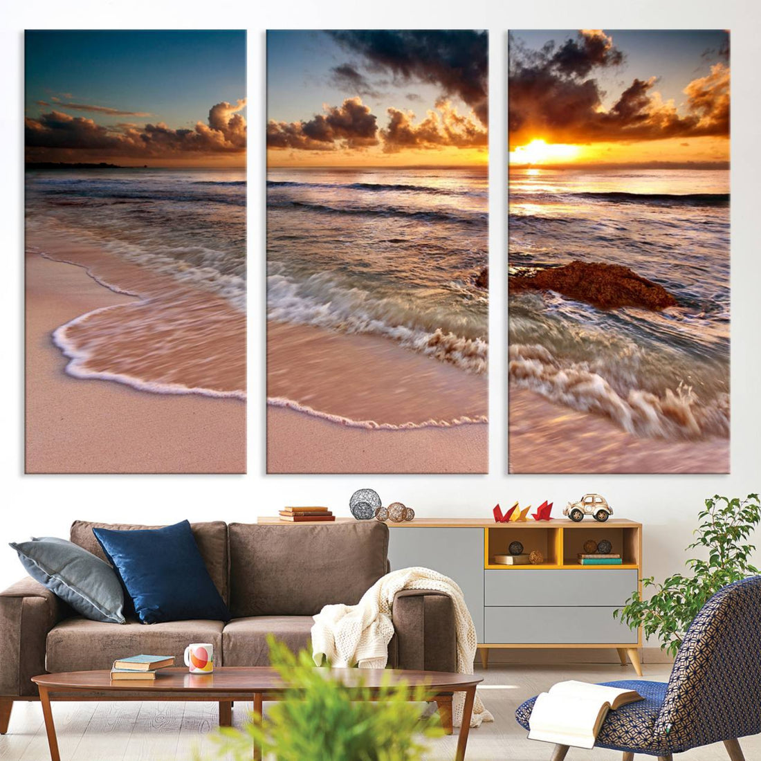 Sunset Beach Canvas Wall Art | Serene Ocean Waves Triptych, Coastal Sunset Decor