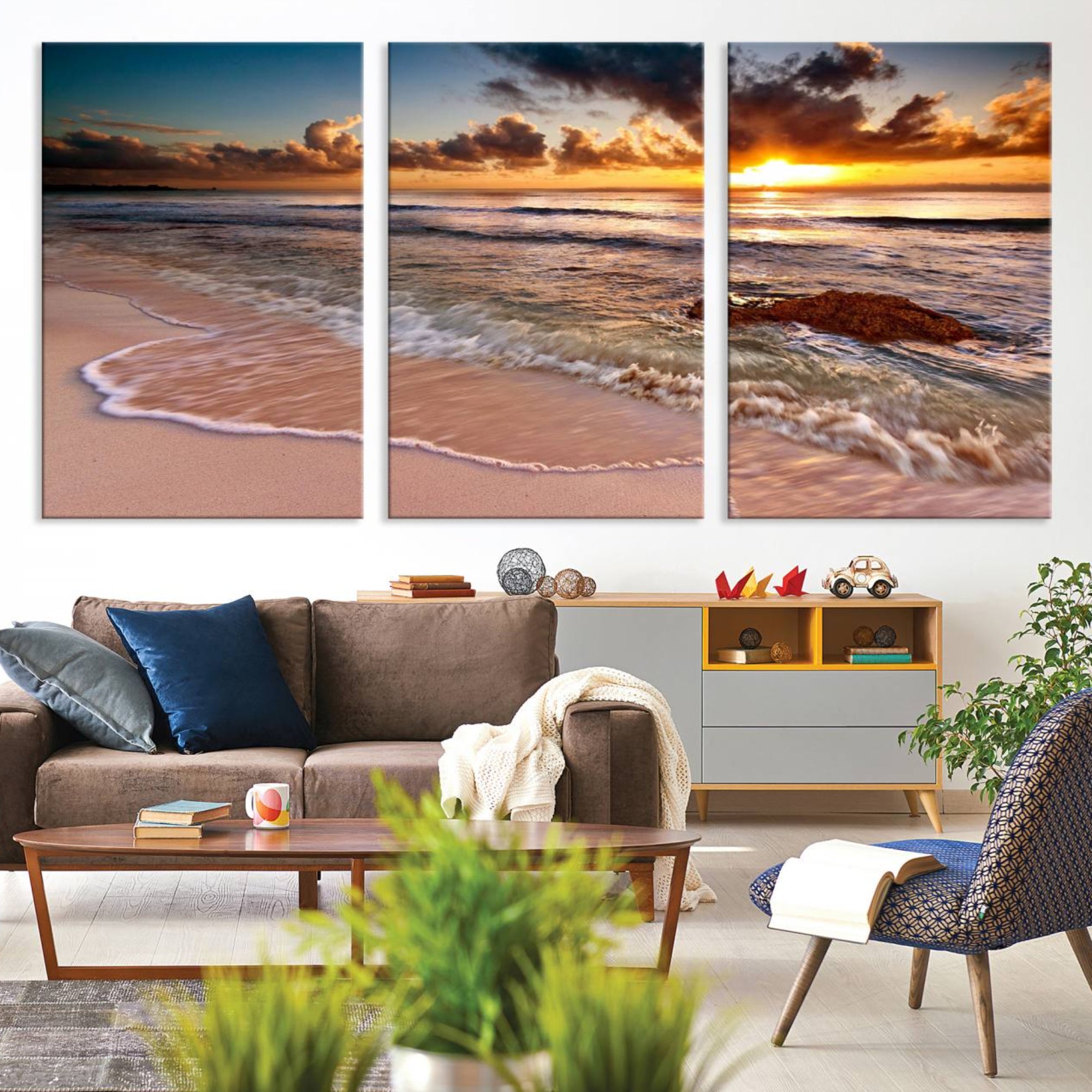 38302-MGV-CV-36X24-Sunset Beach Canvas Wall Art – Serene Ocean Waves Triptych – Coastal Sunset Decor for Living Room or