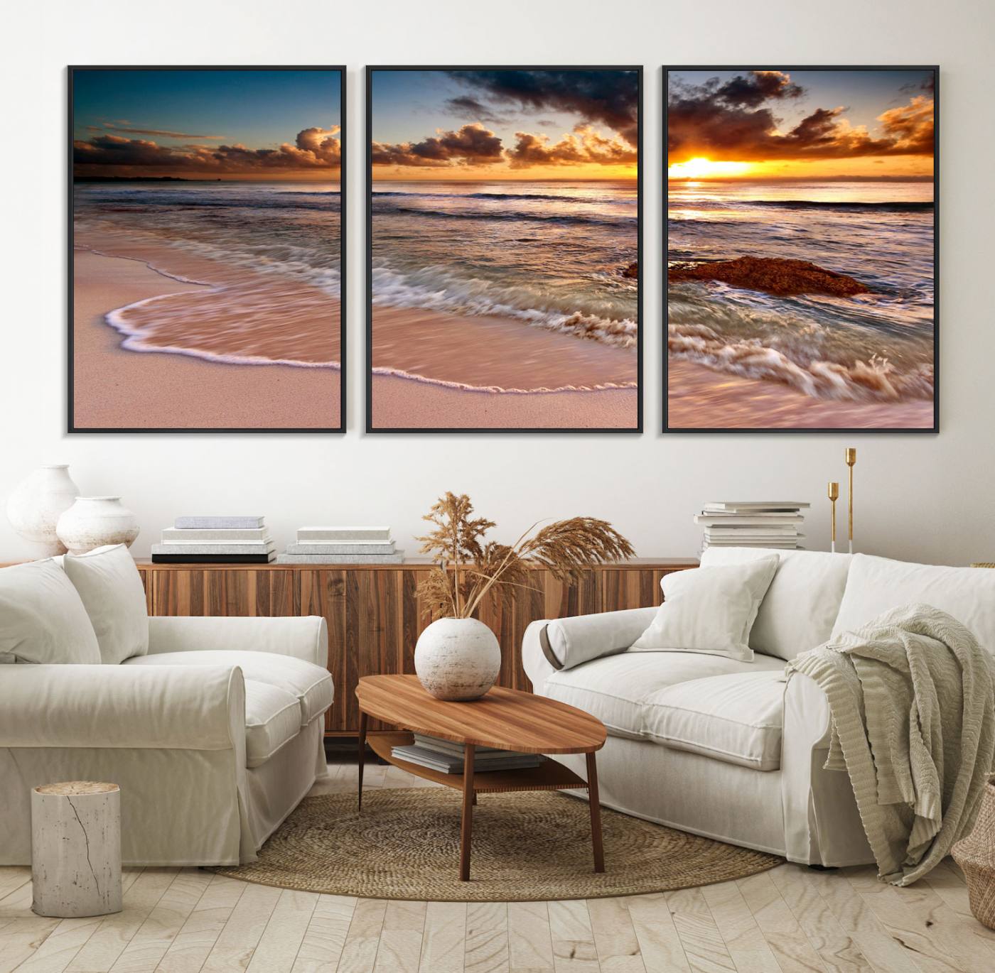 38302-MGV-FC-60X30-3P_Black-Sunset Beach Canvas Wall Art – Serene Ocean Waves Triptych – Coastal Sunset Decor for Living Room or