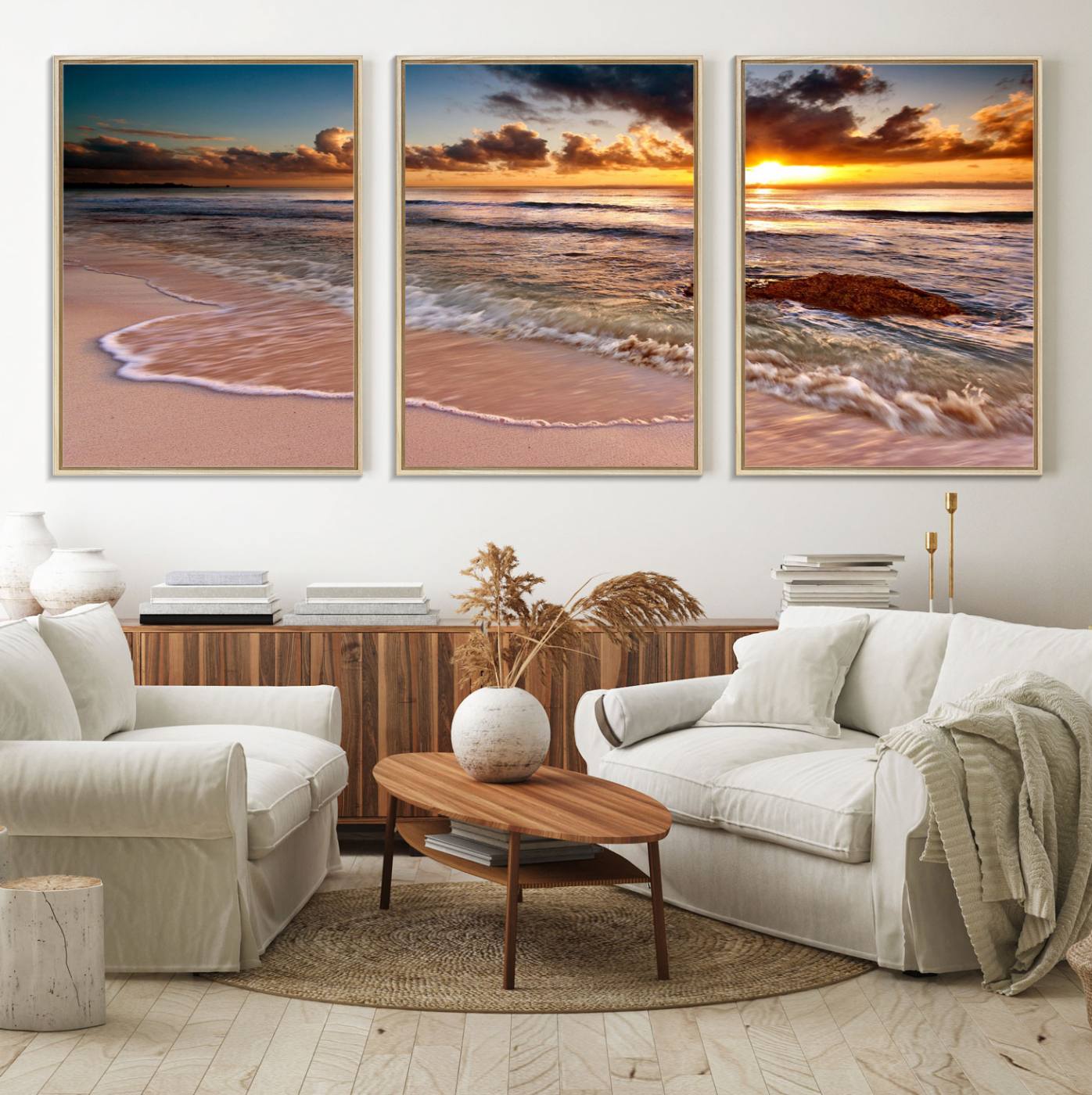 38302-MGV-FC-60X30-3P_Natural-Sunset Beach Canvas Wall Art – Serene Ocean Waves Triptych – Coastal Sunset Decor for Living Room or