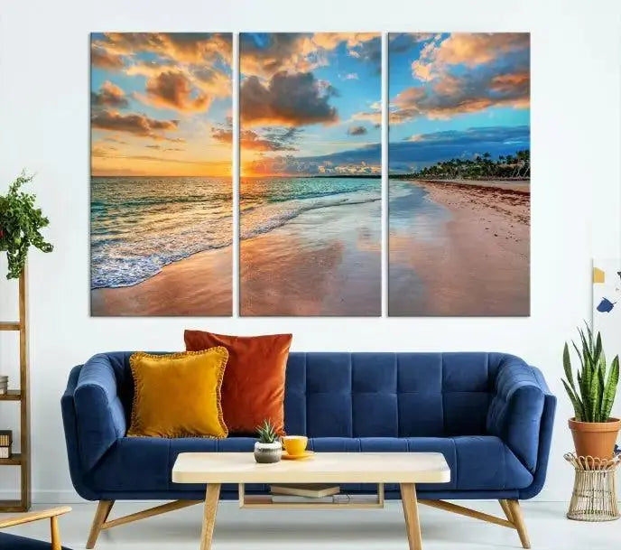 Sunset Beach Canvas Wall Art – Tropical Triptych Seascape Print – Coastal Ocean Decor for Living Room or Bedroom – Ready to Hang