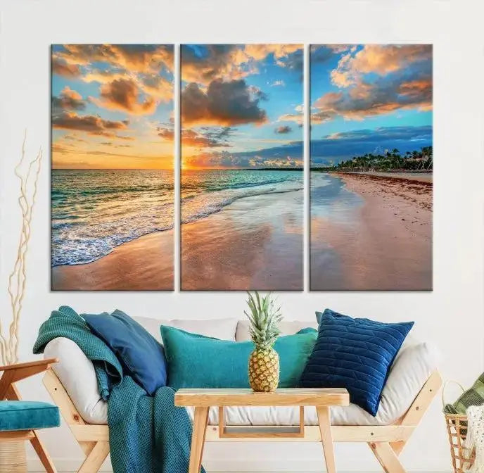 Sunset Beach Canvas Wall Art – Tropical Triptych Seascape Print – Coastal Ocean Decor for Living Room or Bedroom – Ready to Hang