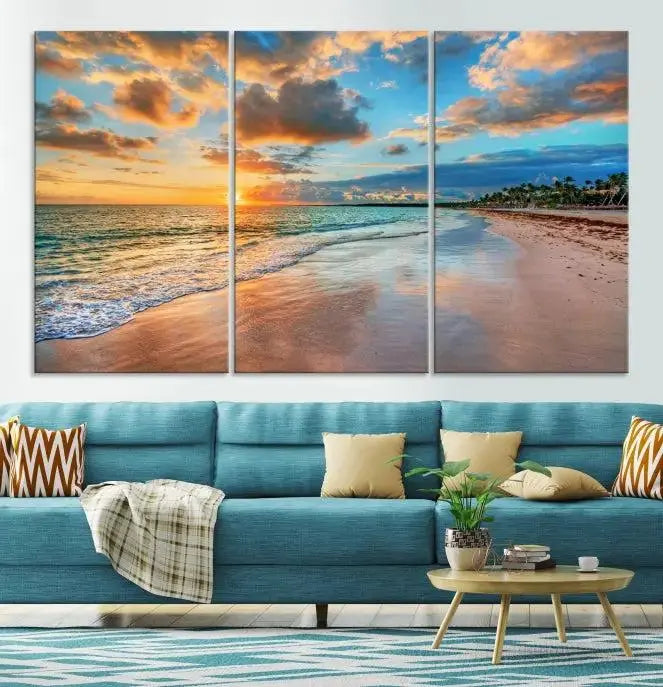 Sunset Beach Canvas Wall Art – Tropical Triptych Seascape Print – Coastal Ocean Decor for Living Room or Bedroom – Ready to Hang
