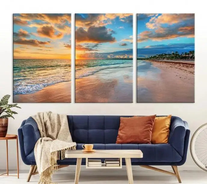 Sunset Beach Canvas Wall Art – Tropical Triptych Seascape Print – Coastal Ocean Decor for Living Room or Bedroom – Ready to Hang