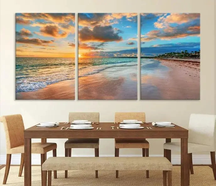 Sunset Beach Canvas Wall Art – Tropical Triptych Seascape Print – Coastal Ocean Decor for Living Room or Bedroom – Ready to Hang
