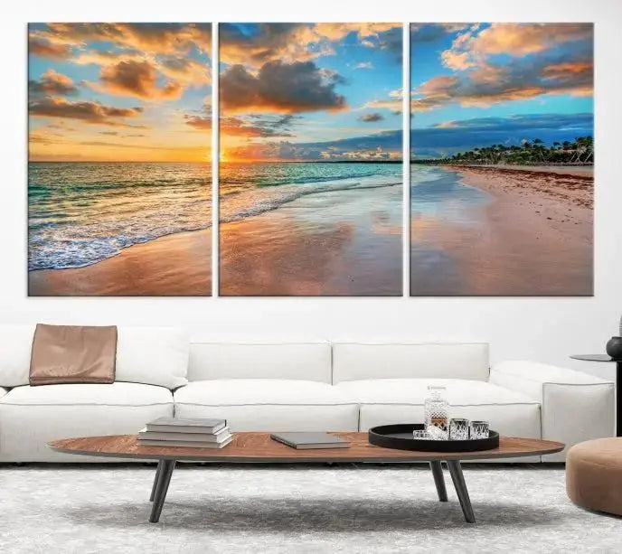Sunset Beach Canvas Wall Art – Tropical Triptych Seascape Print – Coastal Ocean Decor for Living Room or Bedroom – Ready to Hang