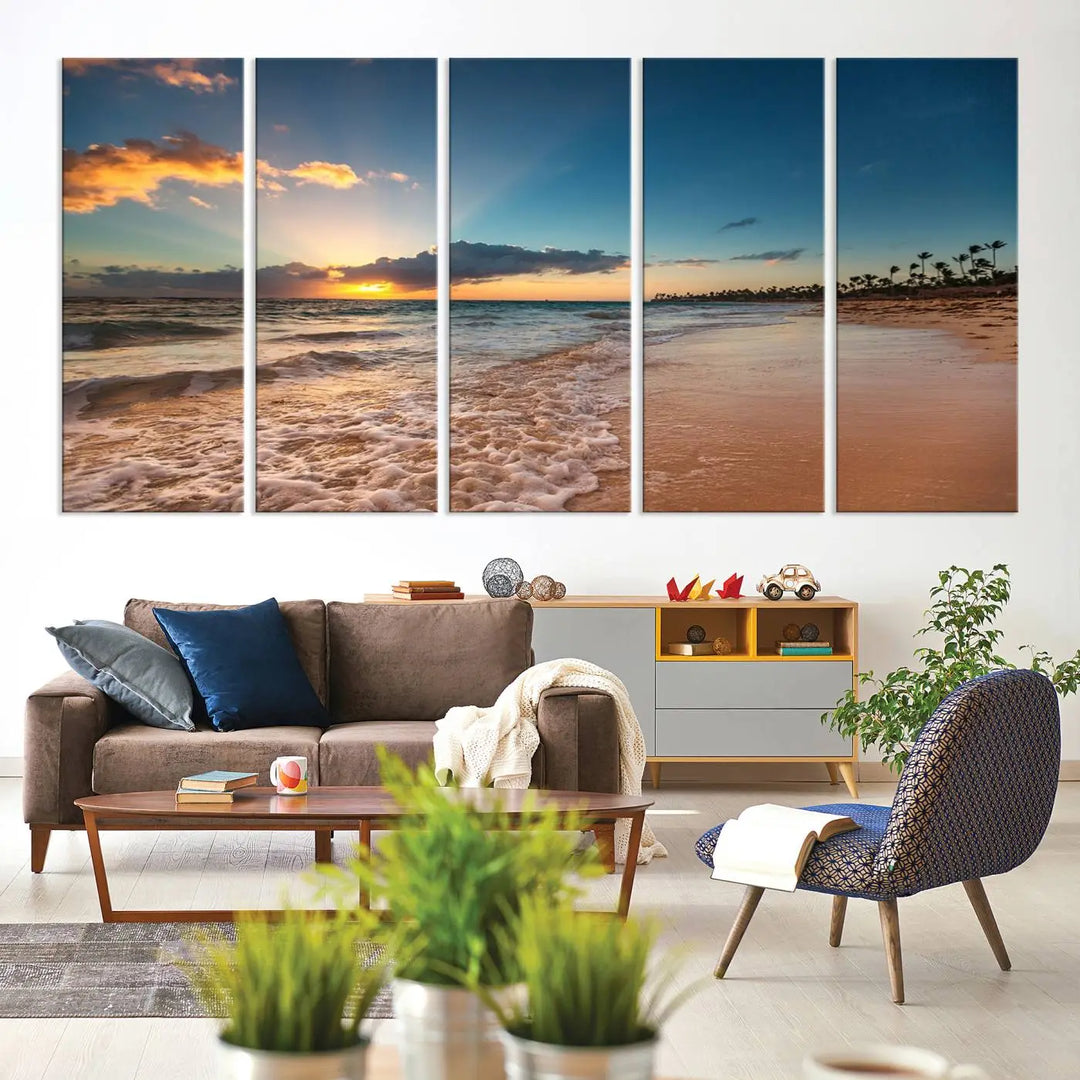 The Sunset Beach Canvas Wall Art, featuring a tropical coastal ocean view in a triptych design, beautifully captures the beach sunset with waves.