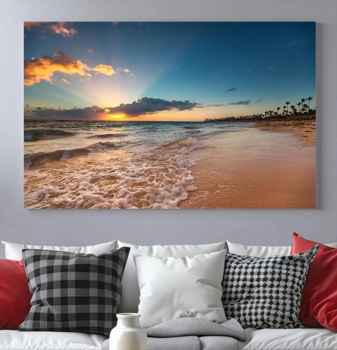 The Sunset Beach Canvas Wall Art, featuring a tropical coastal ocean view in a triptych design, beautifully captures the beach sunset with waves.