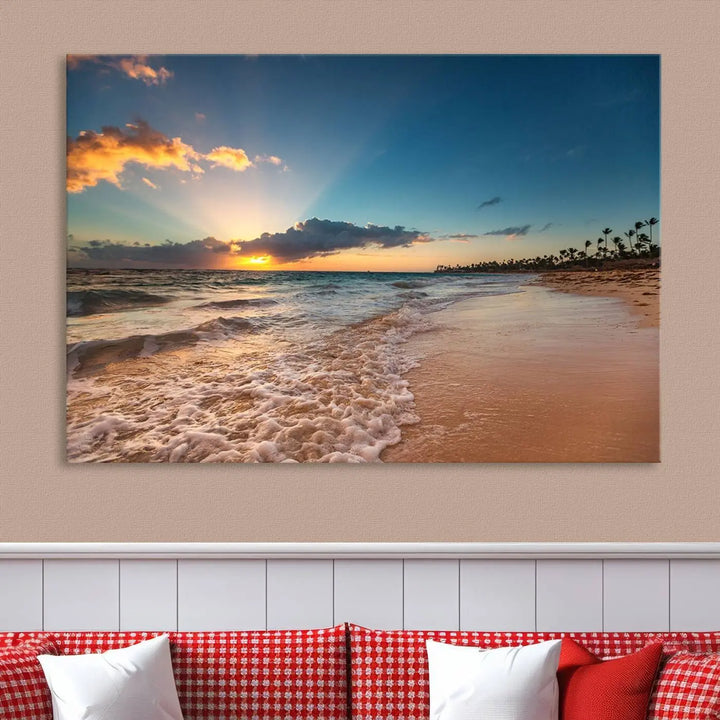 The Sunset Beach Canvas Wall Art, featuring a tropical coastal ocean view in a triptych design, beautifully captures the beach sunset with waves.