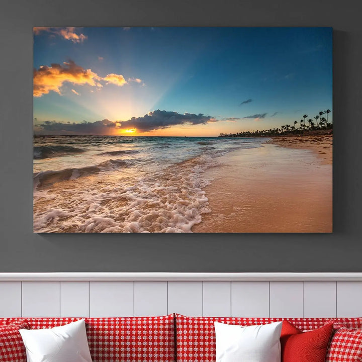 The Sunset Beach Canvas Wall Art, featuring a tropical coastal ocean view in a triptych design, beautifully captures the beach sunset with waves.