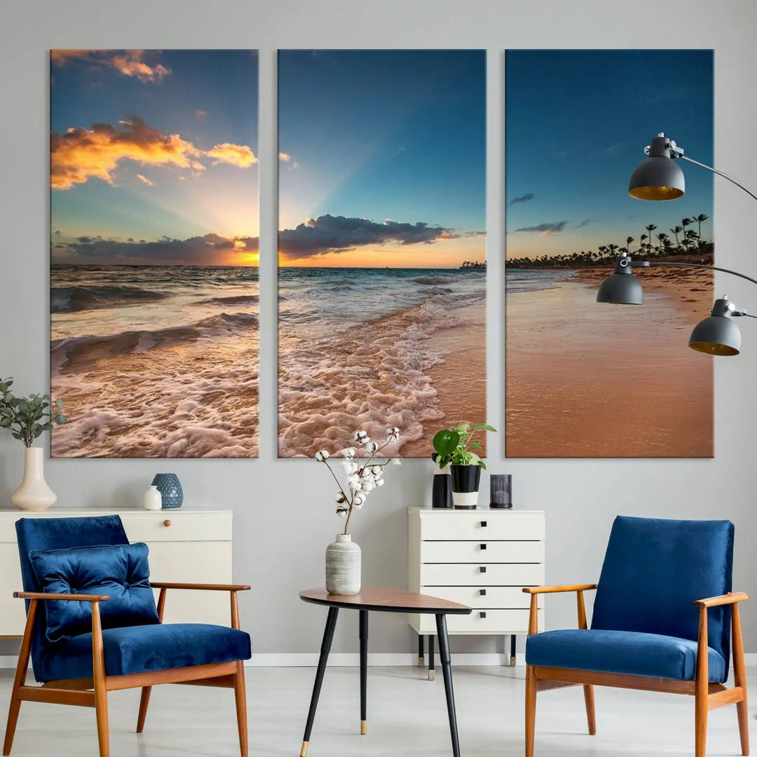 The Sunset Beach Canvas Wall Art, featuring a tropical coastal ocean view in a triptych design, beautifully captures the beach sunset with waves.