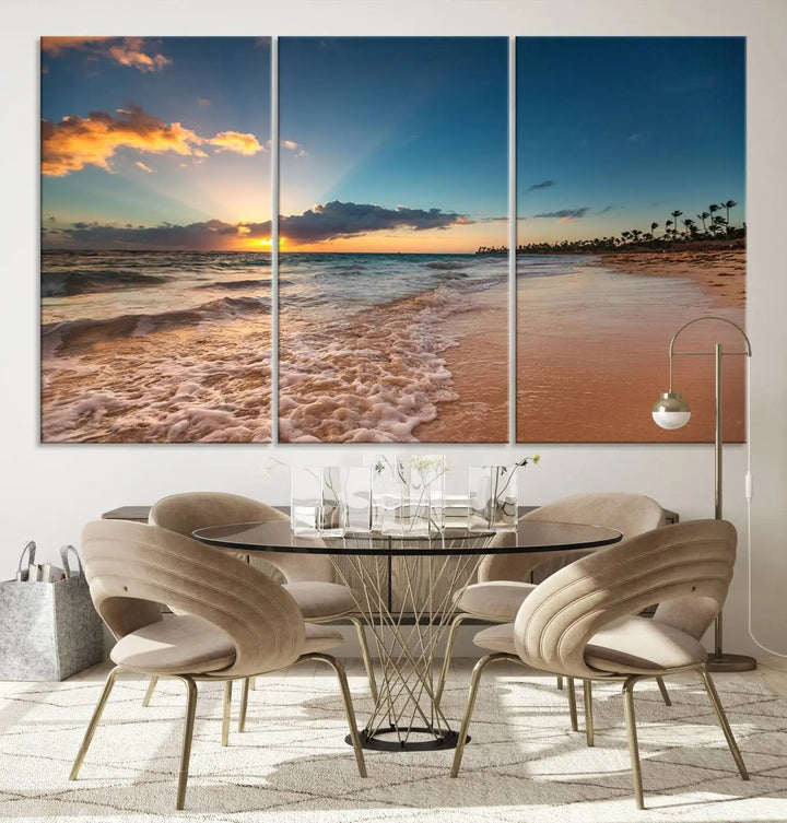 The Sunset Beach Canvas Wall Art, featuring a tropical coastal ocean view in a triptych design, beautifully captures the beach sunset with waves.