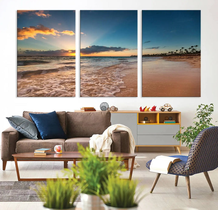 The Sunset Beach Canvas Wall Art, featuring a tropical coastal ocean view in a triptych design, beautifully captures the beach sunset with waves.