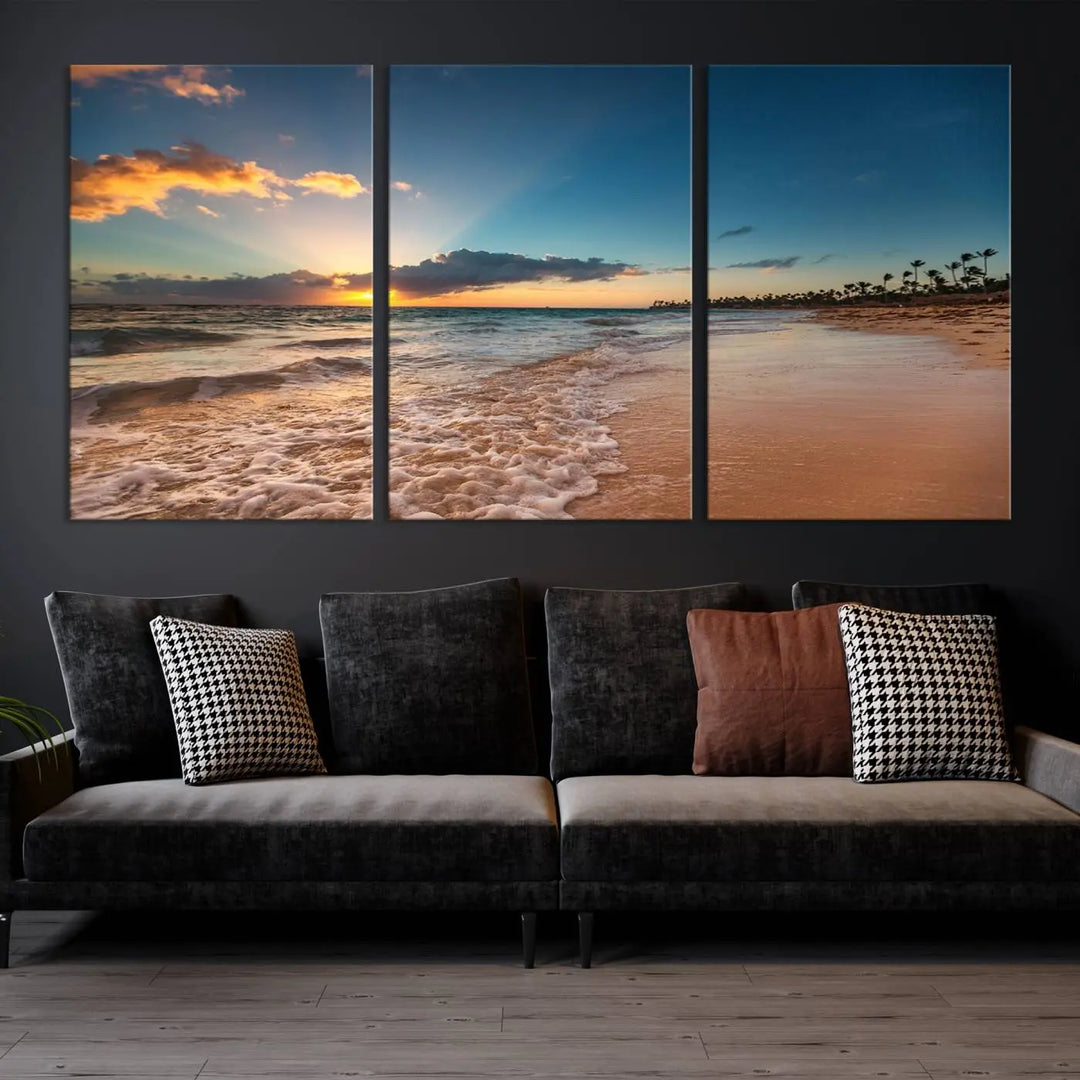 The Sunset Beach Canvas Wall Art, featuring a tropical coastal ocean view in a triptych design, beautifully captures the beach sunset with waves.