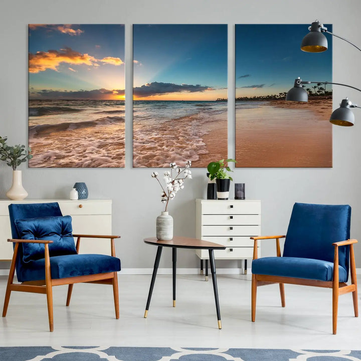 The Sunset Beach Canvas Wall Art, featuring a tropical coastal ocean view in a triptych design, beautifully captures the beach sunset with waves.