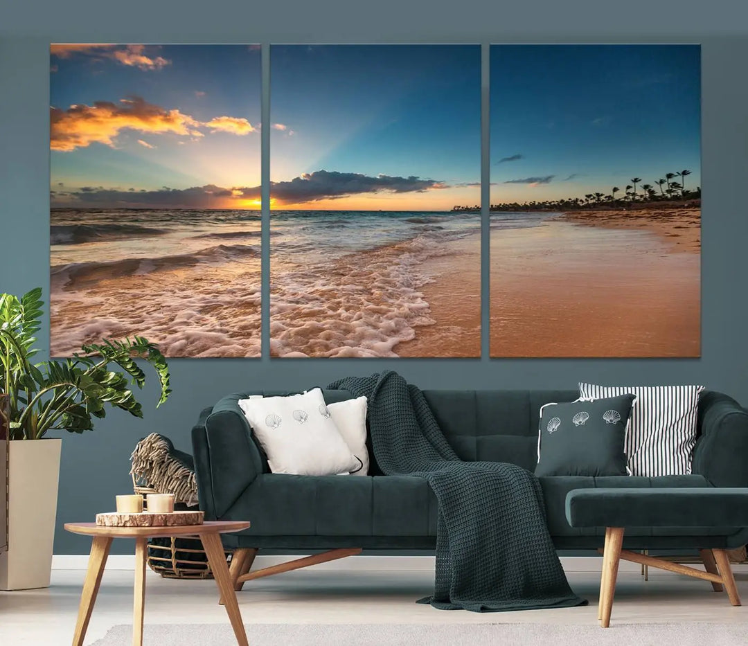 The Sunset Beach Canvas Wall Art, featuring a tropical coastal ocean view in a triptych design, beautifully captures the beach sunset with waves.