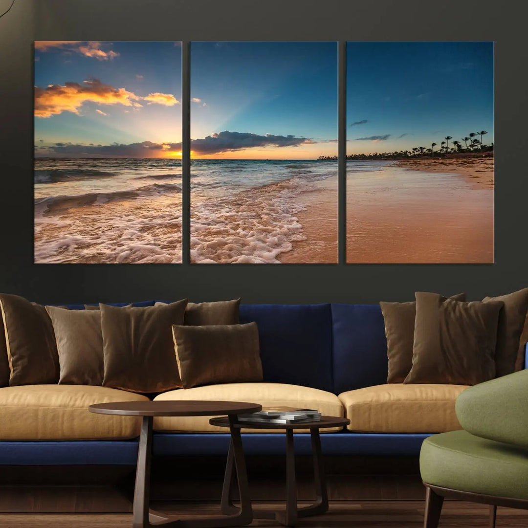 The Sunset Beach Canvas Wall Art, featuring a tropical coastal ocean view in a triptych design, beautifully captures the beach sunset with waves.