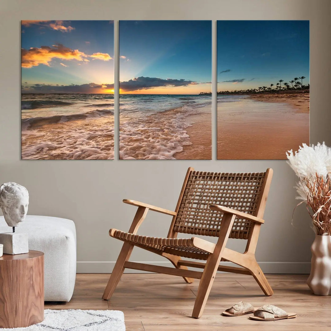 The Sunset Beach Canvas Wall Art, featuring a tropical coastal ocean view in a triptych design, beautifully captures the beach sunset with waves.