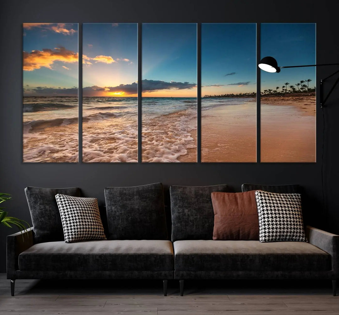 The Sunset Beach Canvas Wall Art, featuring a tropical coastal ocean view in a triptych design, beautifully captures the beach sunset with waves.