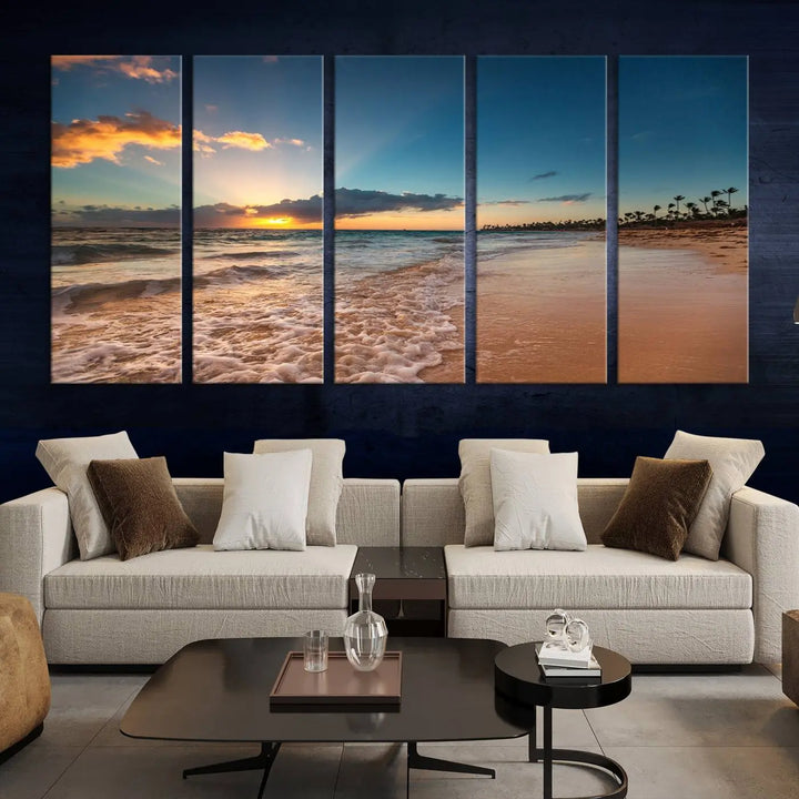 The Sunset Beach Canvas Wall Art, featuring a tropical coastal ocean view in a triptych design, beautifully captures the beach sunset with waves.