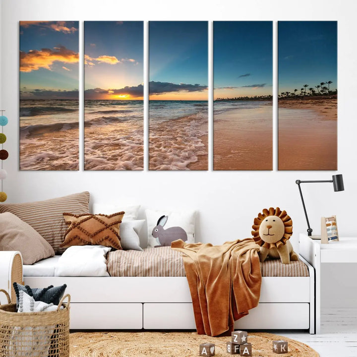 The Sunset Beach Canvas Wall Art, featuring a tropical coastal ocean view in a triptych design, beautifully captures the beach sunset with waves.