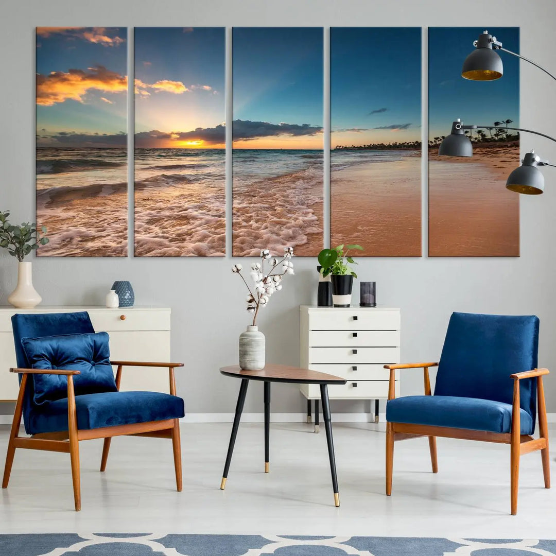 The Sunset Beach Canvas Wall Art, featuring a tropical coastal ocean view in a triptych design, beautifully captures the beach sunset with waves.