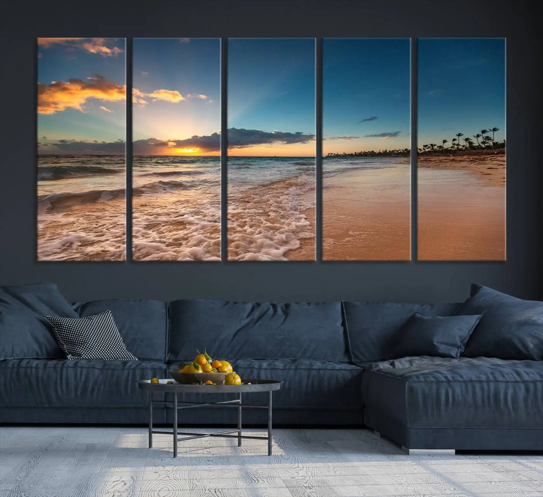 The Sunset Beach Canvas Wall Art, featuring a tropical coastal ocean view in a triptych design, beautifully captures the beach sunset with waves.