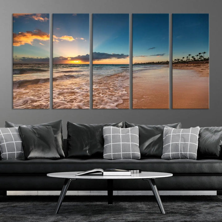 The Sunset Beach Canvas Wall Art, featuring a tropical coastal ocean view in a triptych design, beautifully captures the beach sunset with waves.