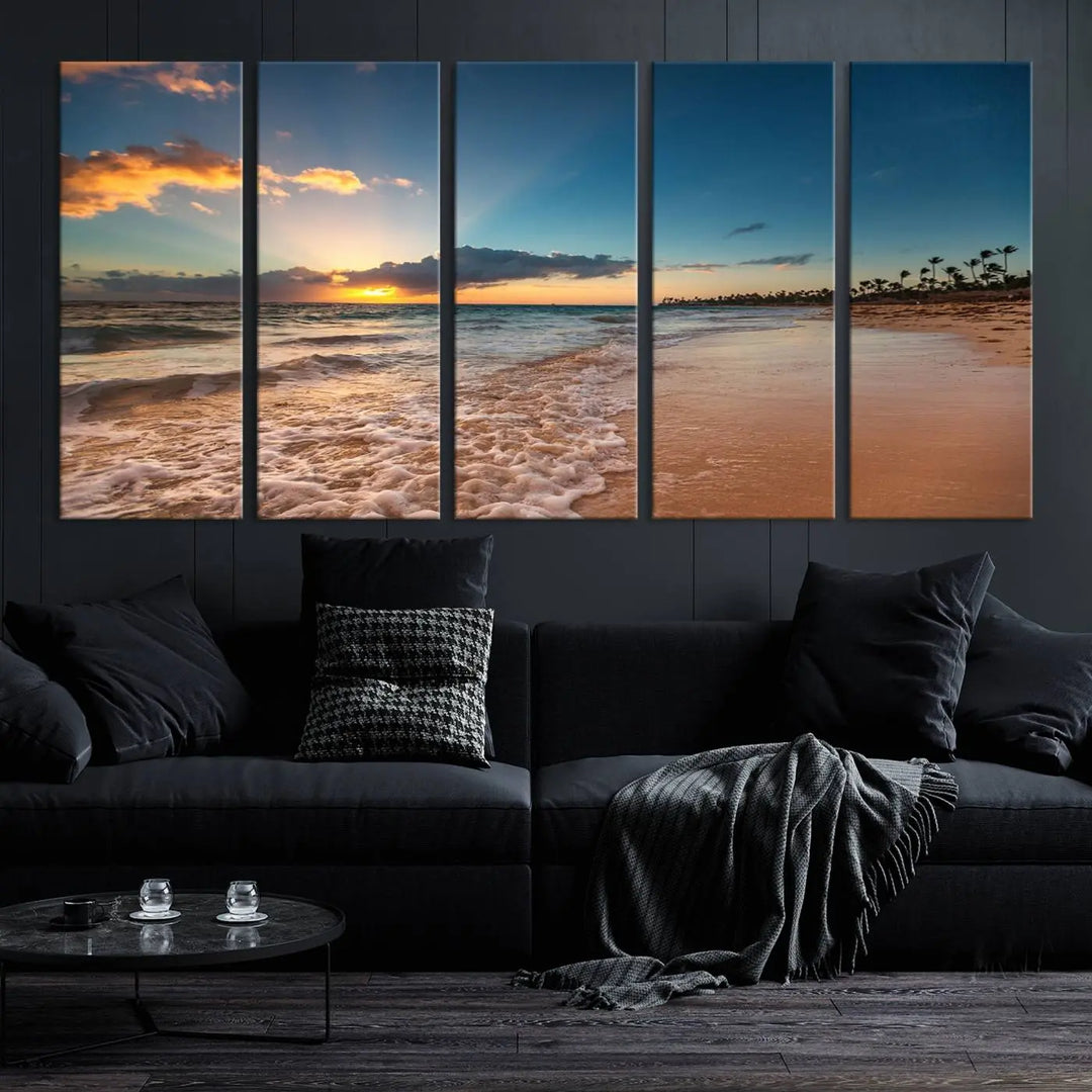 The Sunset Beach Canvas Wall Art, featuring a tropical coastal ocean view in a triptych design, beautifully captures the beach sunset with waves.