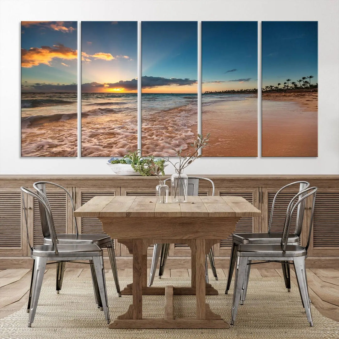 The Sunset Beach Canvas Wall Art, featuring a tropical coastal ocean view in a triptych design, beautifully captures the beach sunset with waves.