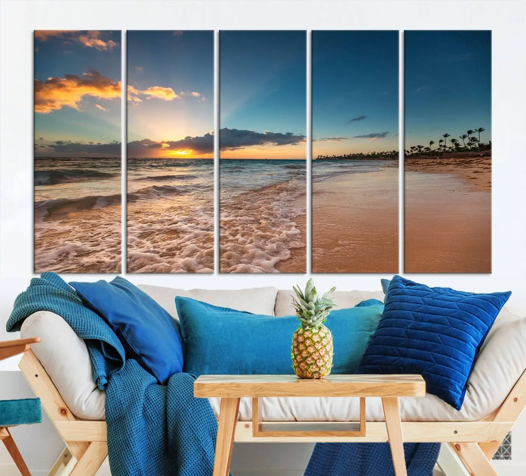 The Sunset Beach Canvas Wall Art, featuring a tropical coastal ocean view in a triptych design, beautifully captures the beach sunset with waves.