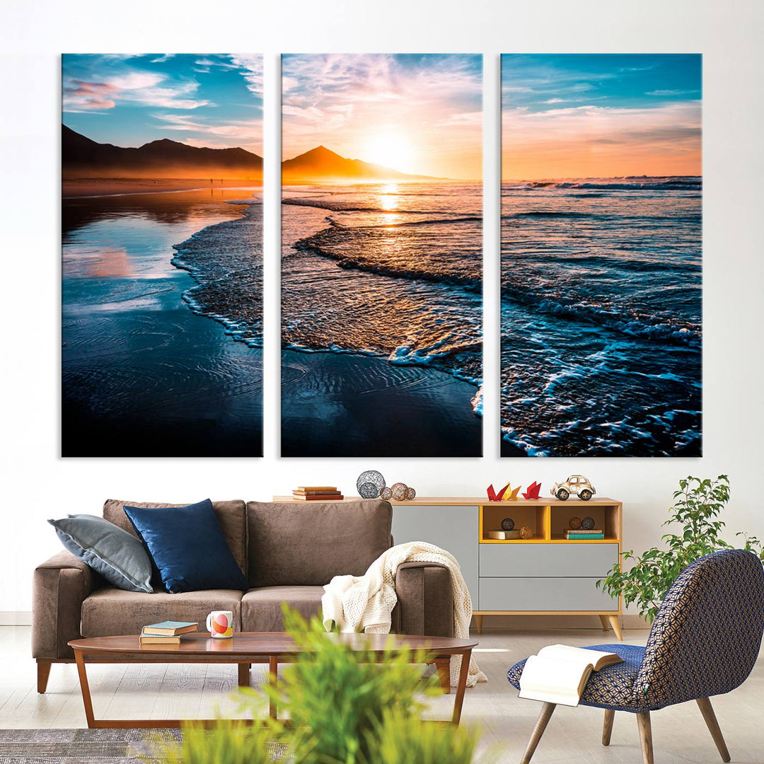 Sunset Beach Ocean Canvas Wall Art – Tranquil Ocean Reflections at Dusk – Ready to Hang