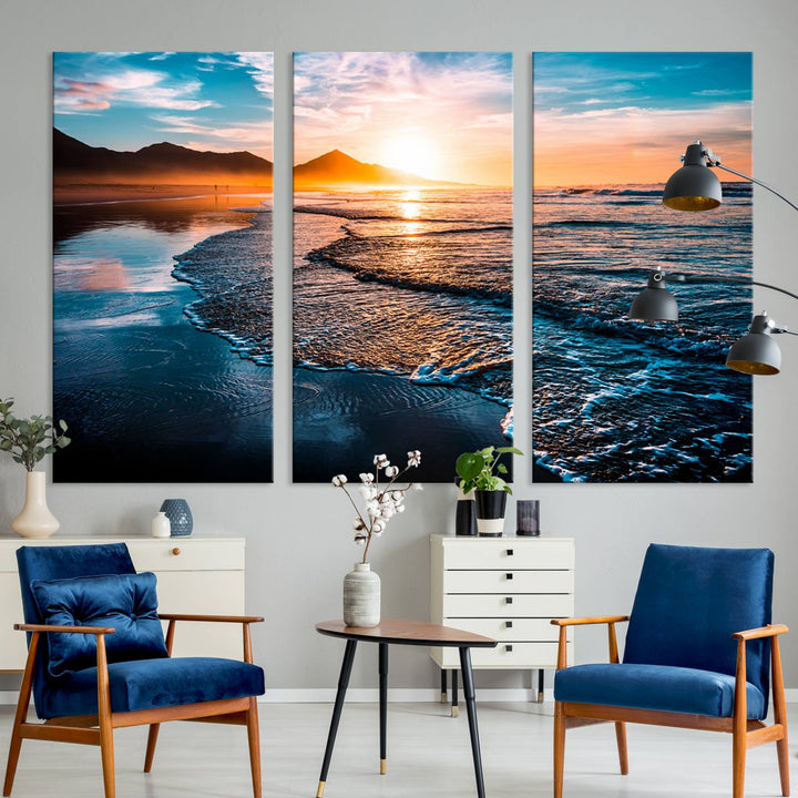 Sunset Beach Ocean Canvas Wall Art – Tranquil Ocean Reflections at Dusk – Ready to Hang
