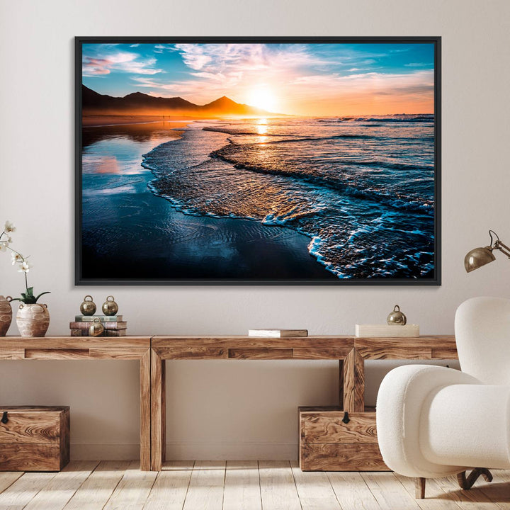 Sunset Beach Ocean Canvas Wall Art – Tranquil Ocean Reflections at Dusk – Ready to Hang