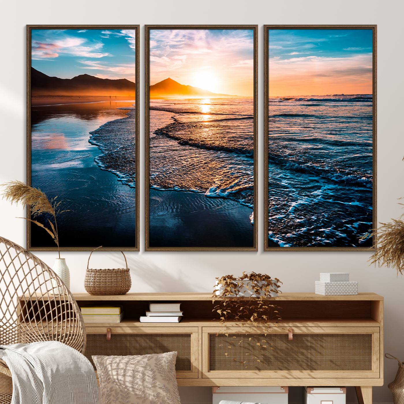 26494-MGV-FC-48X32-3P_Walnut-Sunset Beach Ocean Canvas Wall Art – Tranquil Ocean Reflections at Dusk – Ready to Hang
